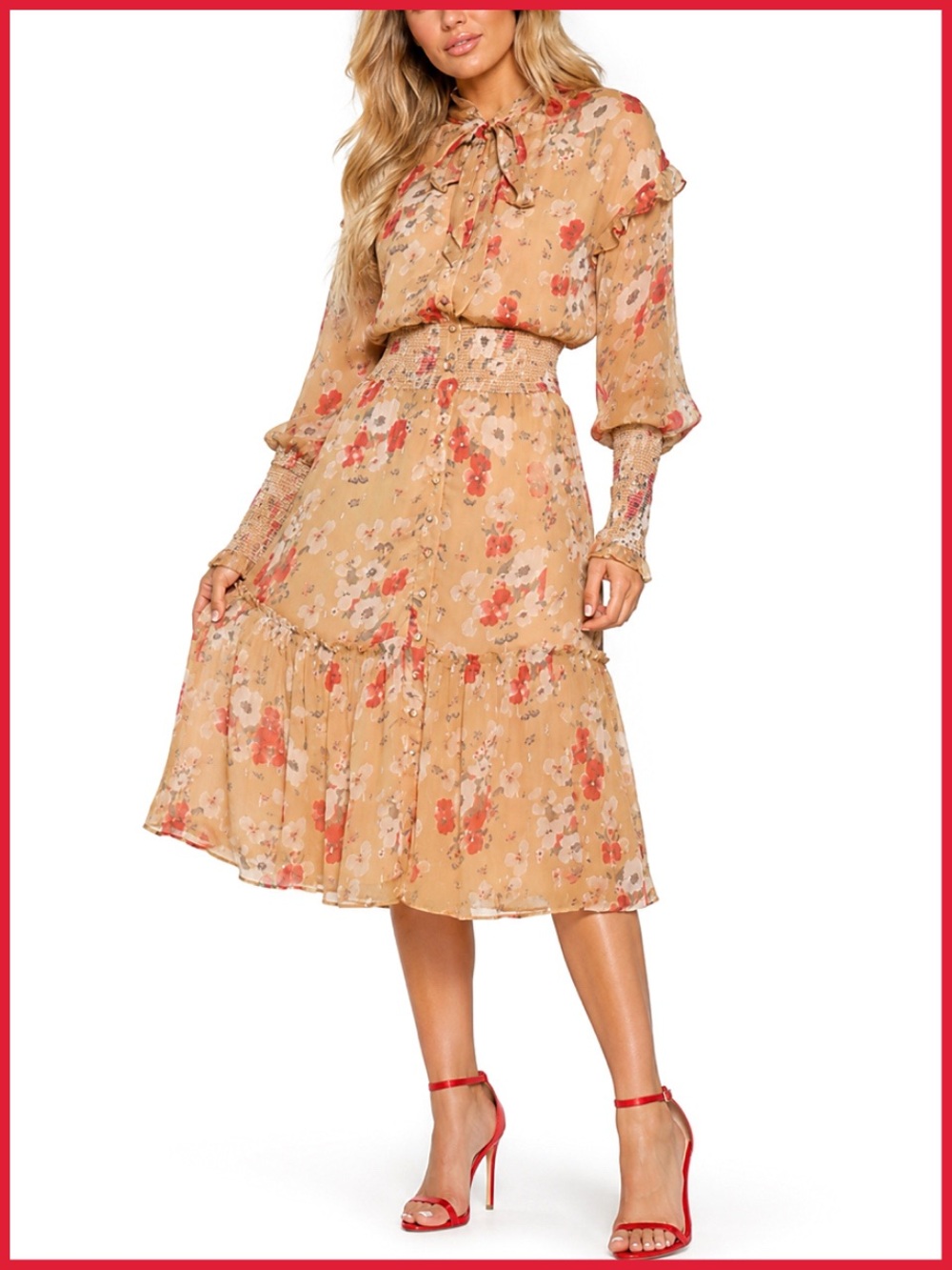 Walter Baker Artur Poppy Print Brown Red Floral Midi Dress